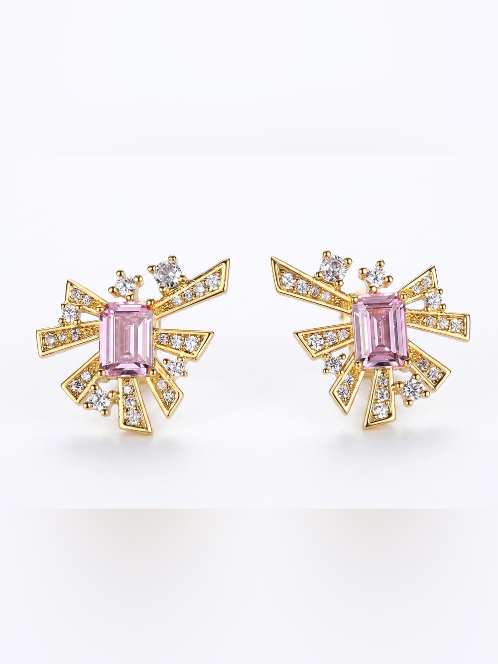Pink Clear Burst CZ Gold Earrings